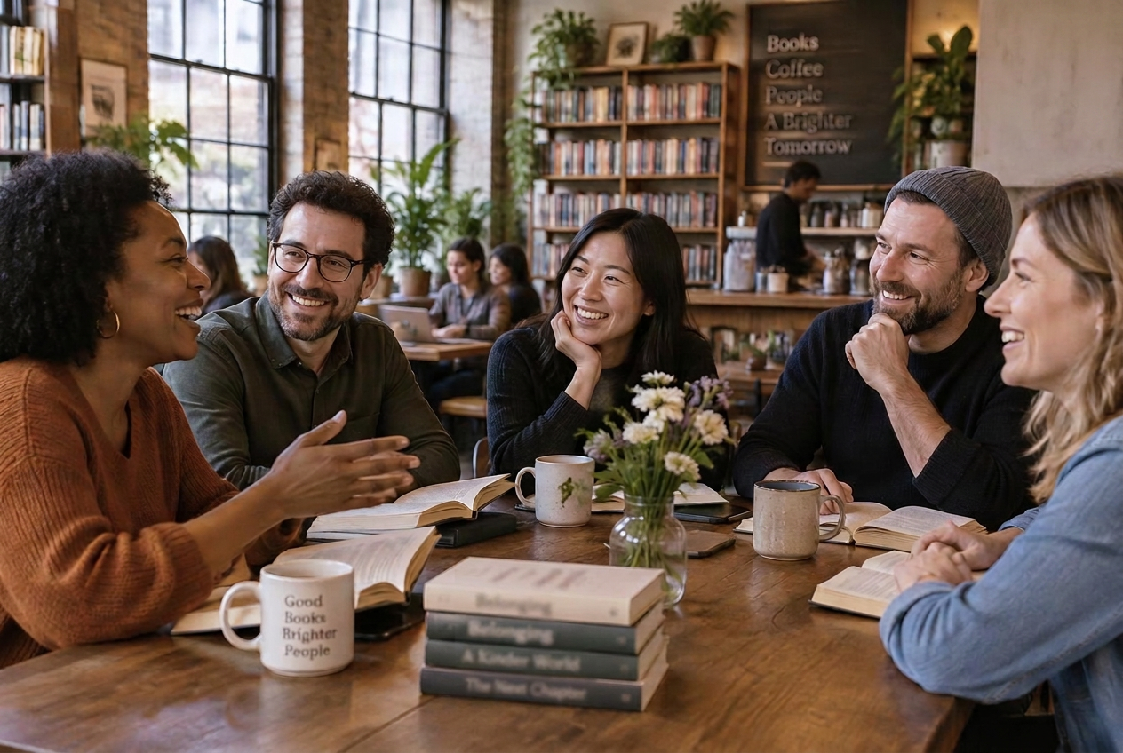 Book club members chatting around a shared table