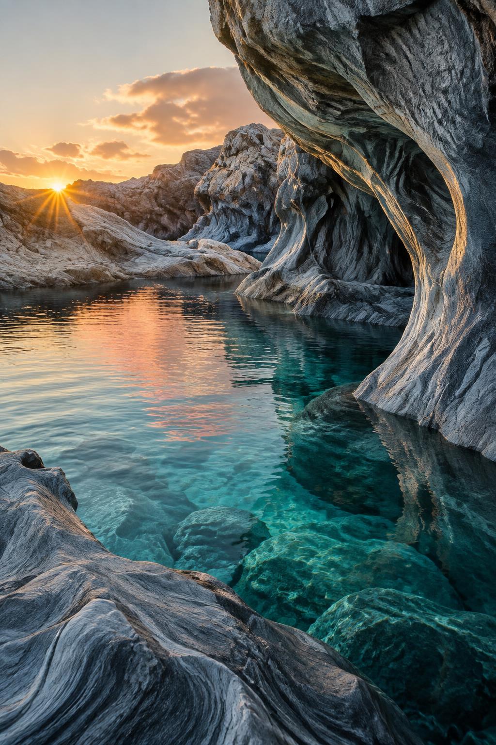 Sculptural stone and clear water illuminated at dawn