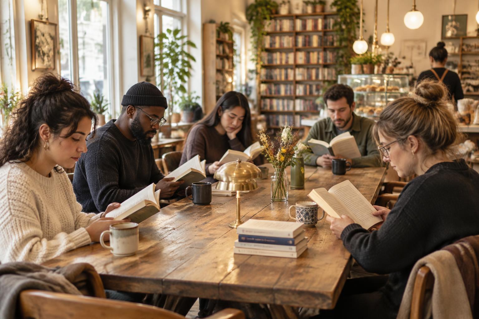 A silent reading meetup: readers absorbed in their books around a long shared table